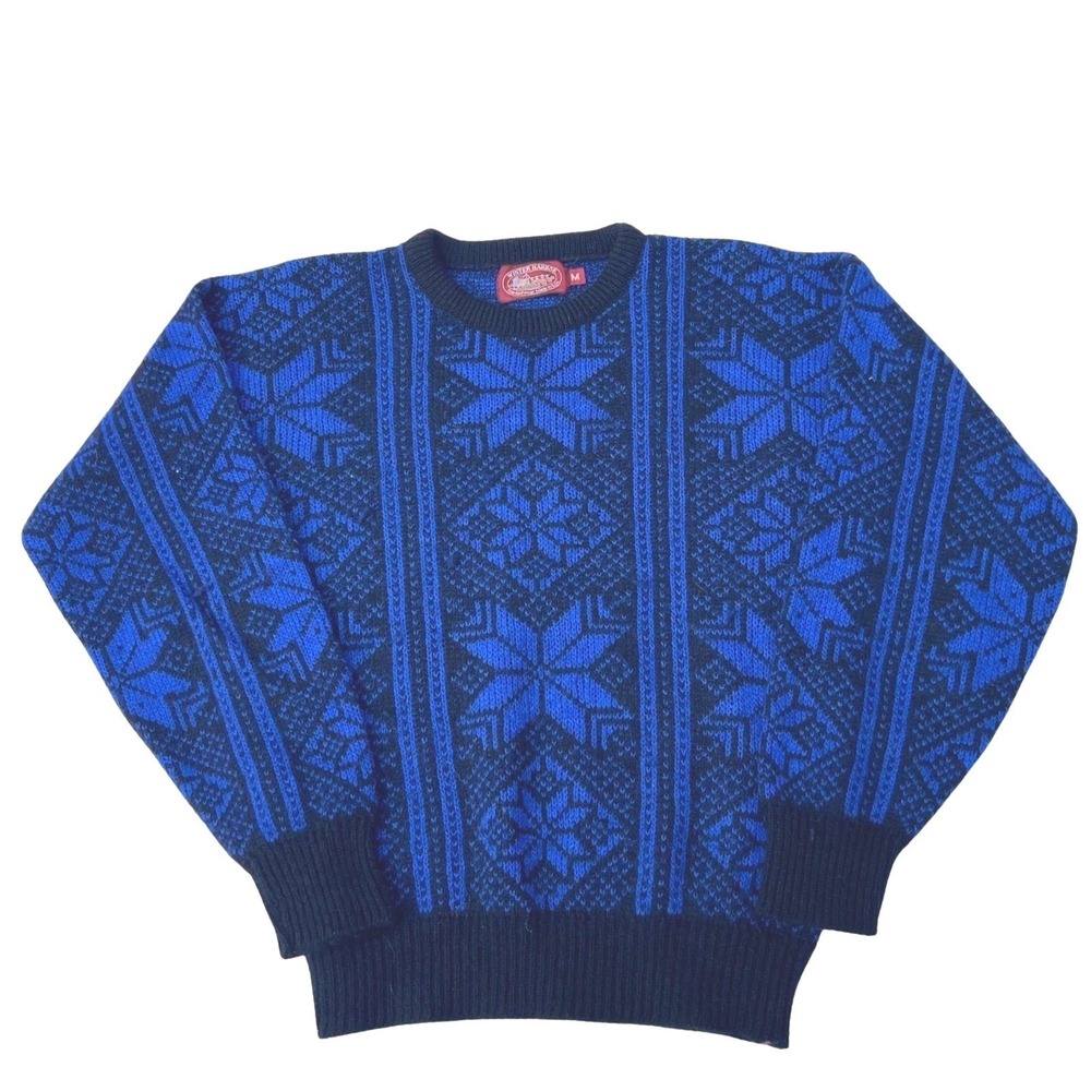 Winter Harbor Shetland Wool Blend Mens M Sweater Blue Black Snowflake USA Made
